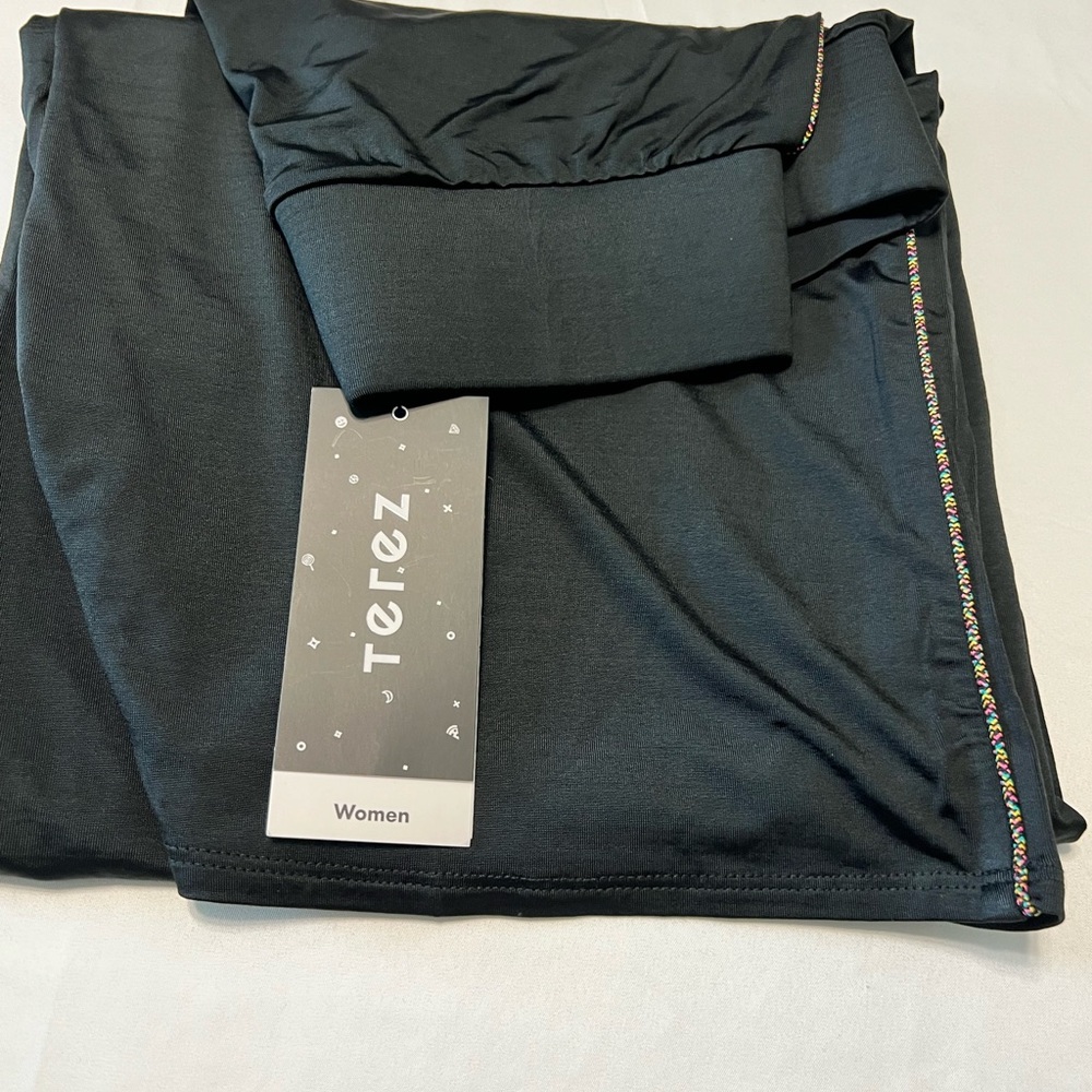 Terez Size Large Black Silky Lose Pants w/Colorful Side of Leg Strip NWT NYC